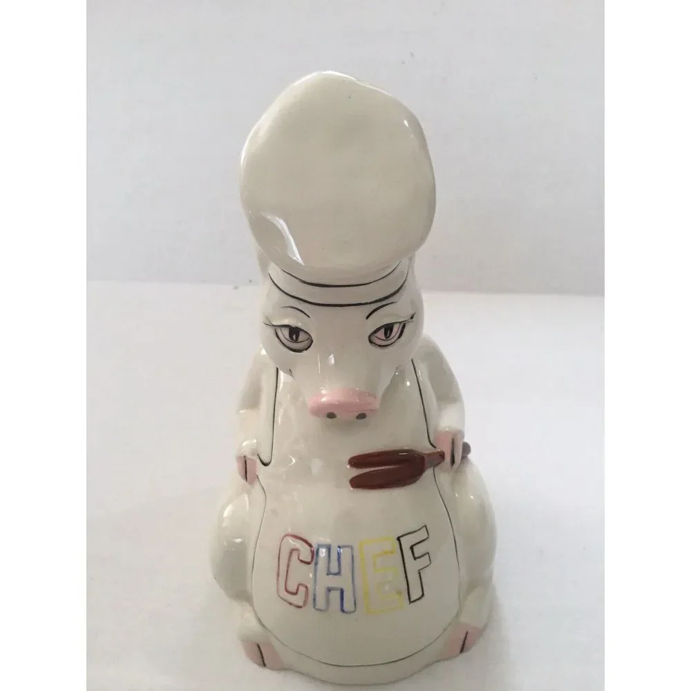 Pig Chef Vtg Piggy Bank Ceramic White Collectible Kitchen - Missing Bottom Cover